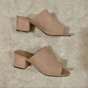 pink suede block heels